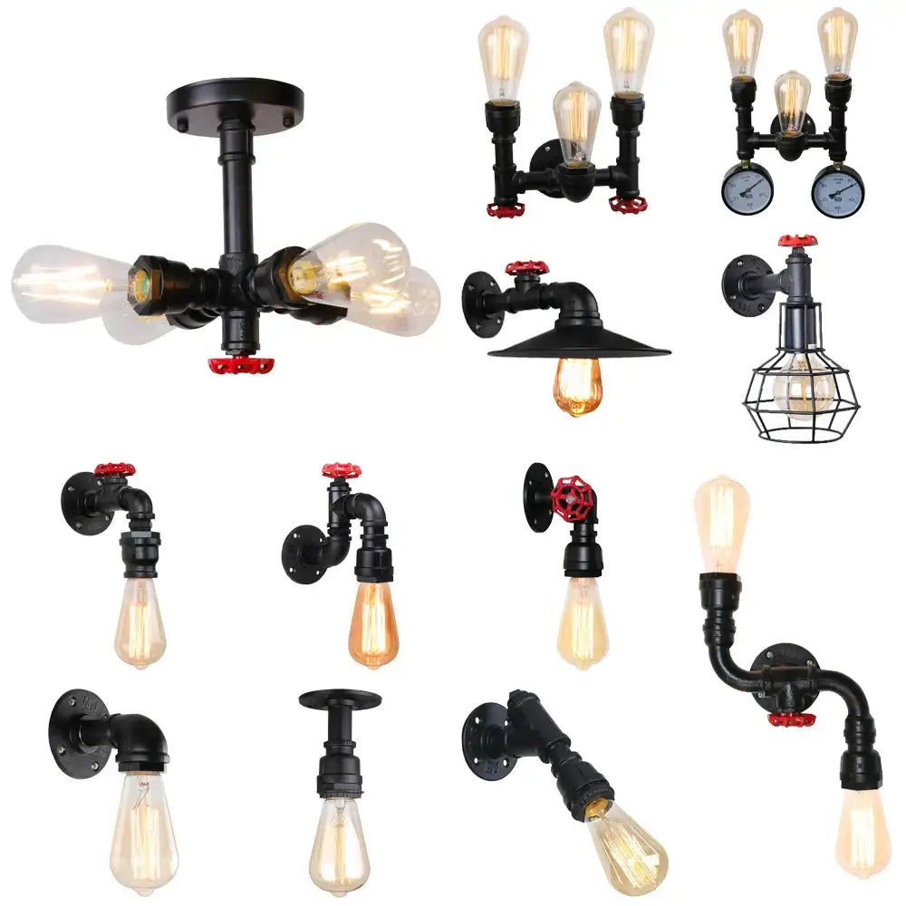 Industrial black water pipe wall lamp bedroom red valve light