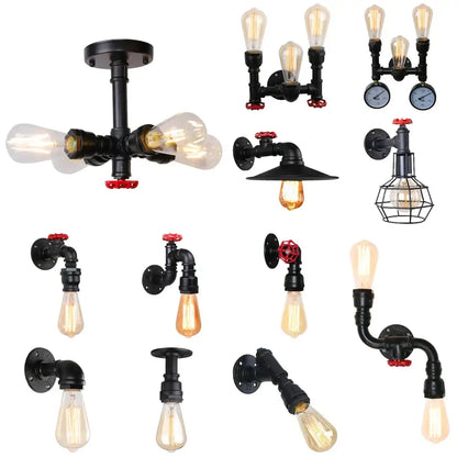 Industrial black water pipe wall lamp bedroom red valve light