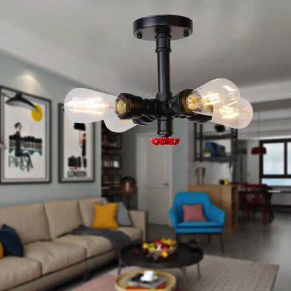 Industrial black water pipe wall lamp bedroom red valve light