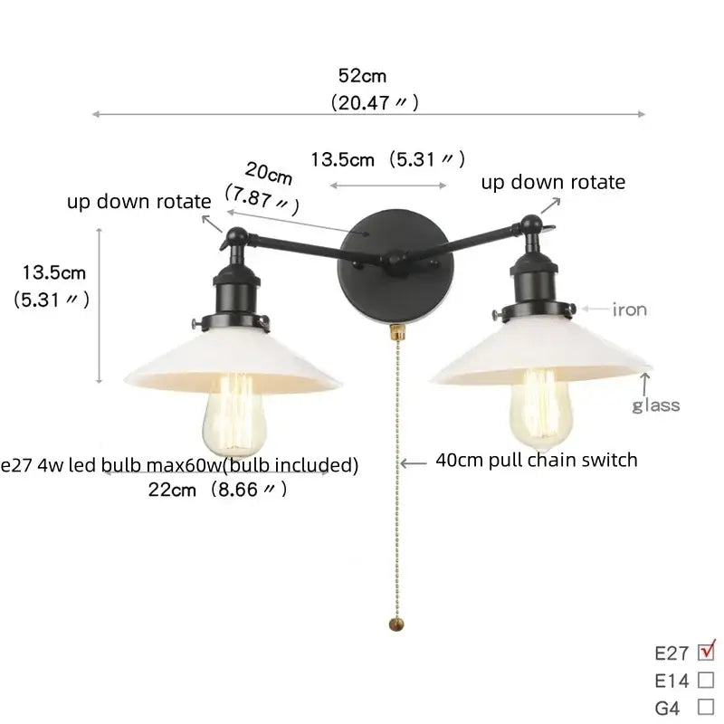 Industrial black & white wall light bedroom led sconce with pull chain