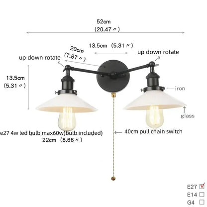 Industrial black & white wall light bedroom led sconce with pull chain