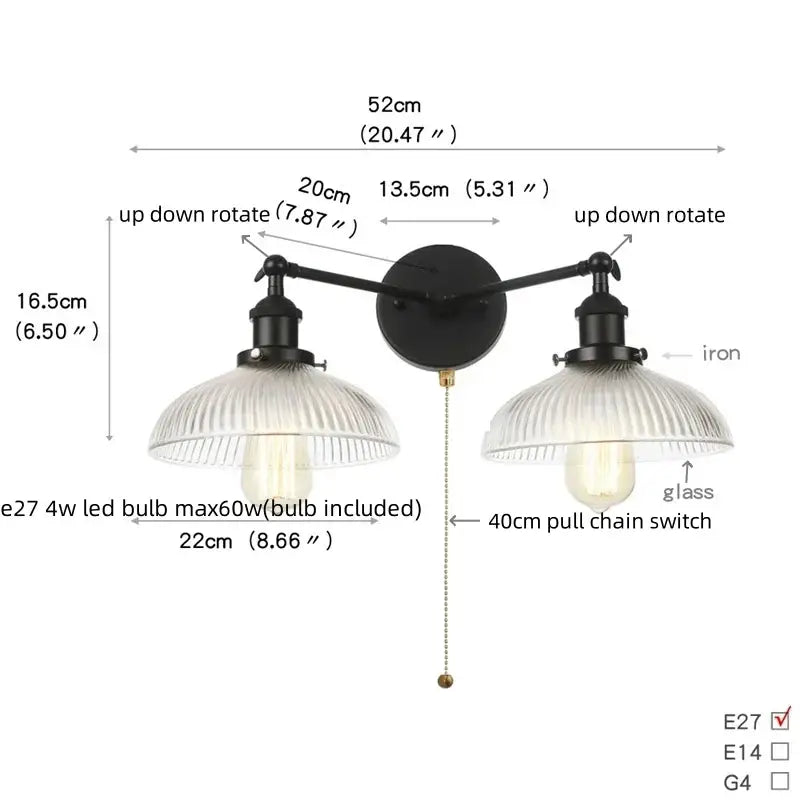 Industrial black & white wall light bedroom led sconce with pull chain