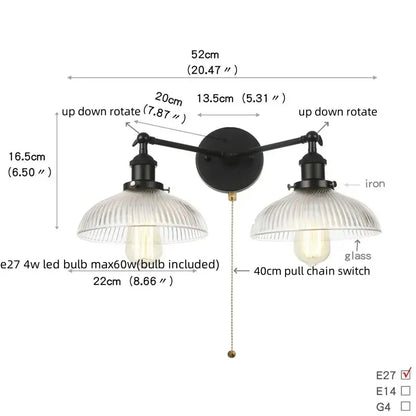 Industrial black & white wall light bedroom led sconce with pull chain