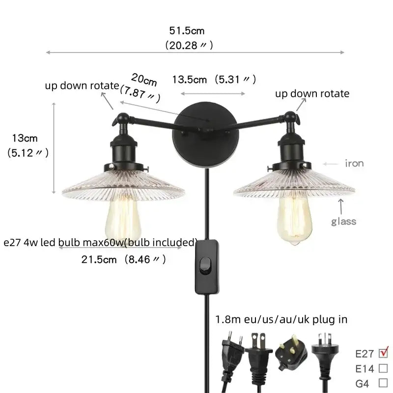 Industrial black & white wall light bedroom led sconce with pull chain