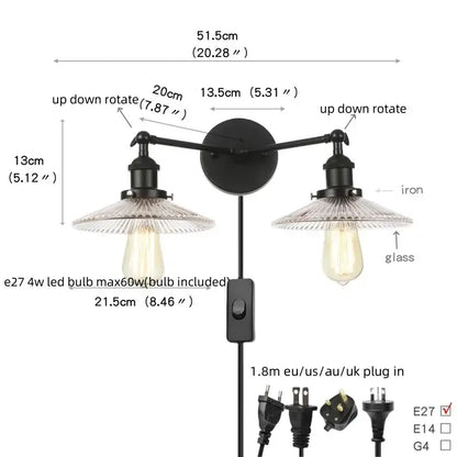 Industrial black & white wall light bedroom led sconce with pull chain