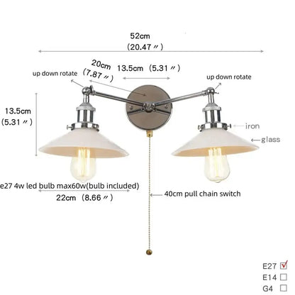 Industrial black & white wall light bedroom led sconce with pull chain