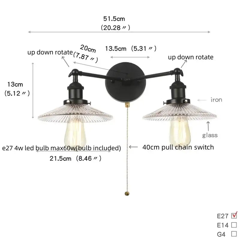 Industrial black & white wall light bedroom led sconce with pull chain