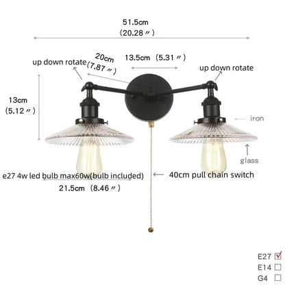 Industrial black & white wall light bedroom led sconce with pull chain
