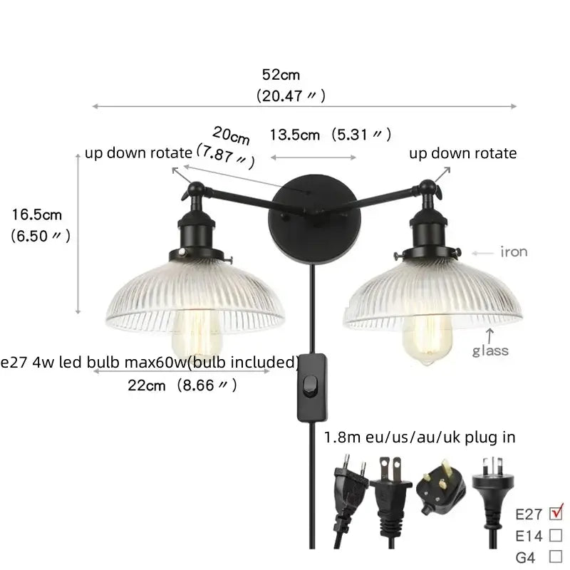 Industrial black & white wall light bedroom led sconce with pull chain