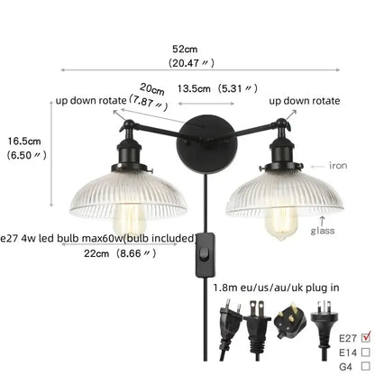 Industrial black & white wall light bedroom led sconce with pull chain