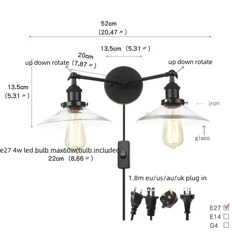 Industrial black & white wall light bedroom led sconce with pull chain
