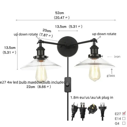 Industrial black & white wall light bedroom led sconce with pull chain