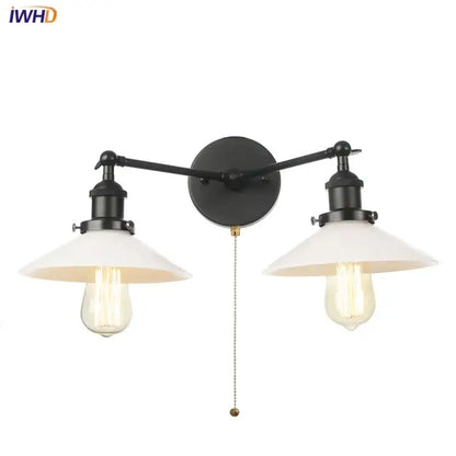 Industrial black & white wall light bedroom led sconce with pull chain