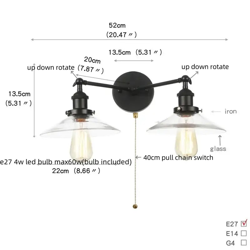 Industrial black & white wall light bedroom led sconce with pull chain
