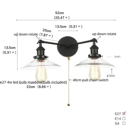 Industrial black & white wall light bedroom led sconce with pull chain