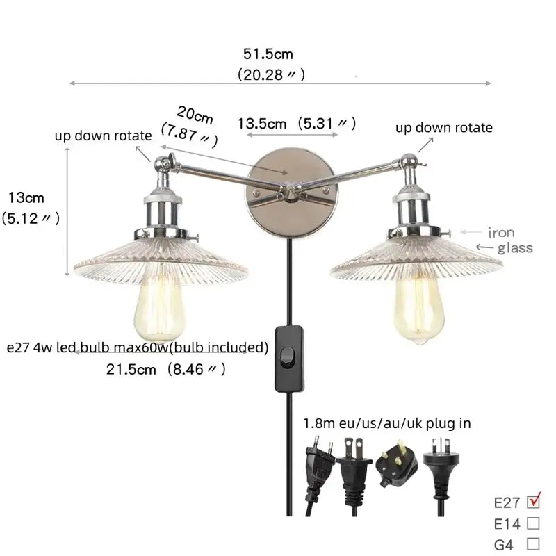 Industrial black & white wall light bedroom led sconce with pull chain
