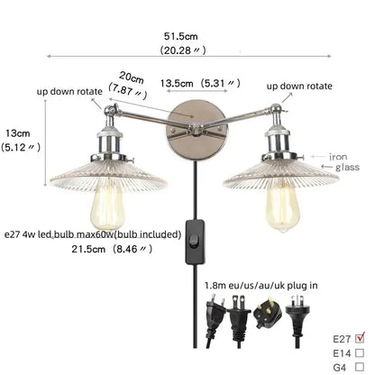 Industrial black & white wall light bedroom led sconce with pull chain
