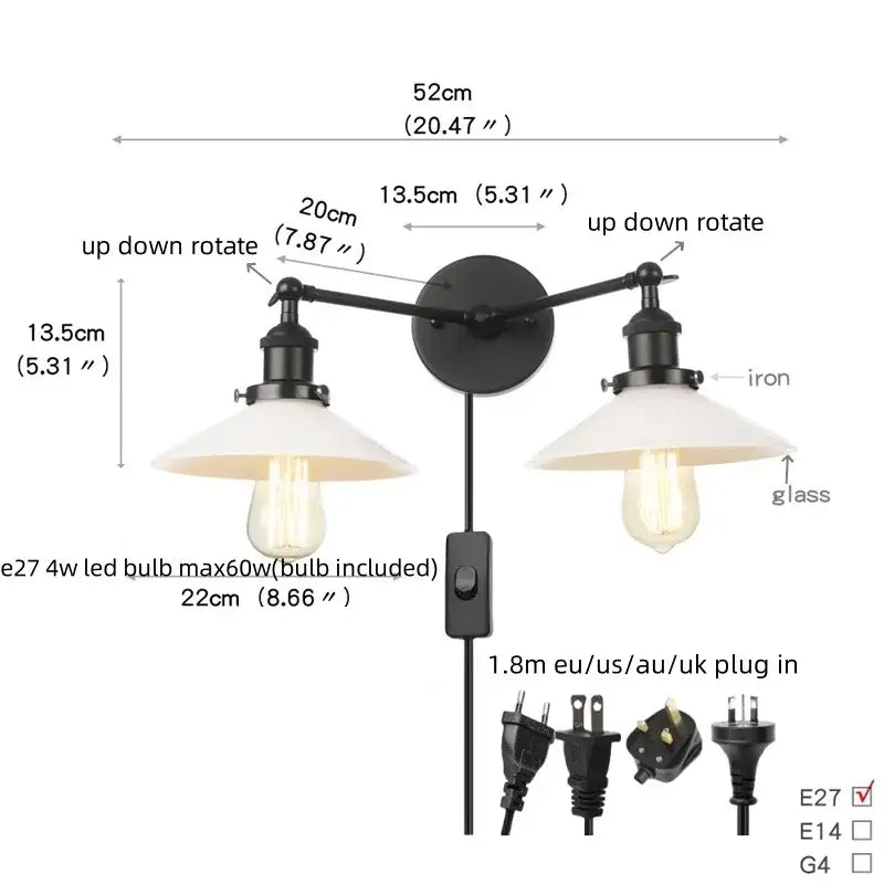 Industrial black & white wall light bedroom led sconce with pull chain