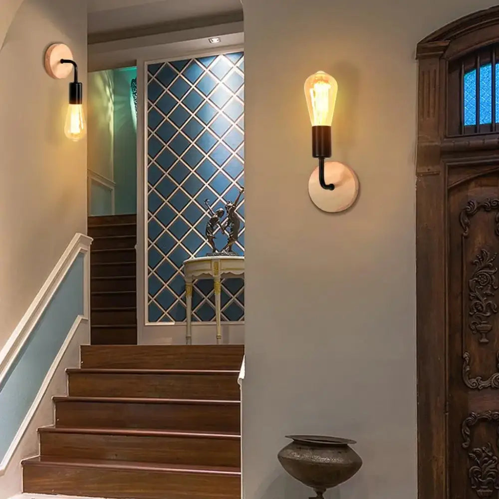 Industrial black & white wall light set bedroom wood sconces