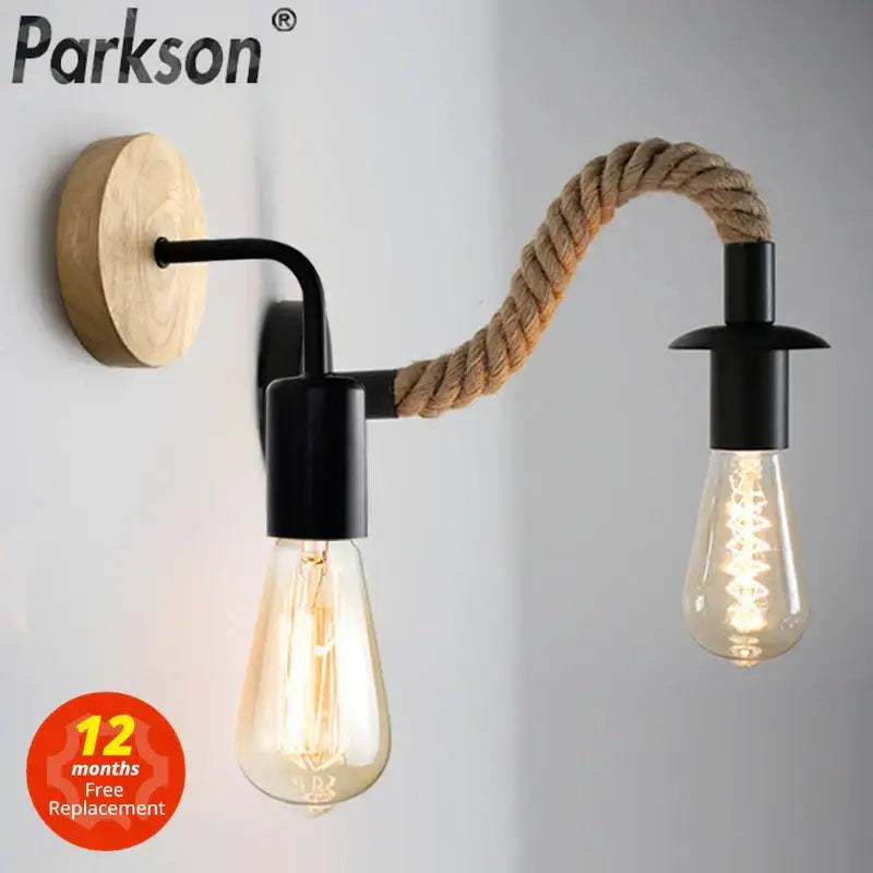 Industrial black & wood hemp rope wall lamp bedroom sconce