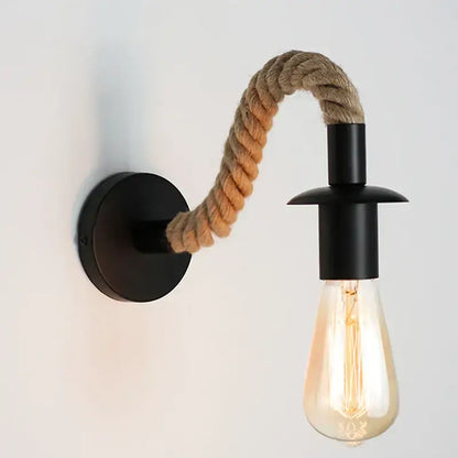 Industrial black & wood hemp rope wall lamp bedroom sconce