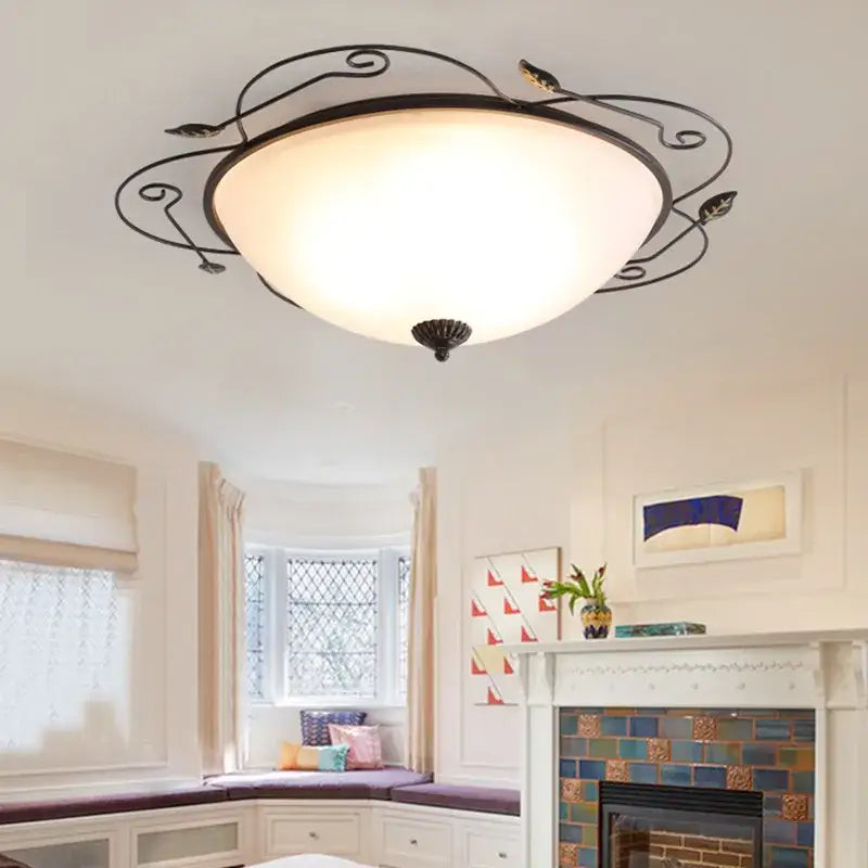 Industrial black wrought iron round ceiling light bedroom glass dome