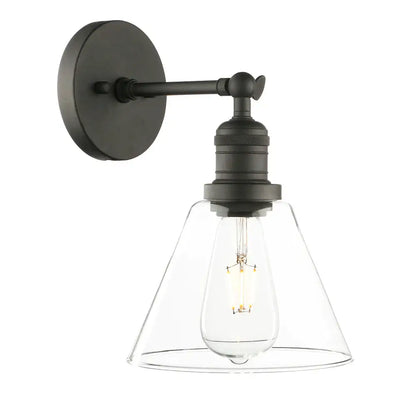 Industrial black wrought iron wall lamp with clear glass shade bedroom