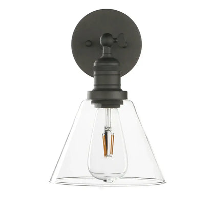 Industrial black wrought iron wall lamp with clear glass shade bedroom