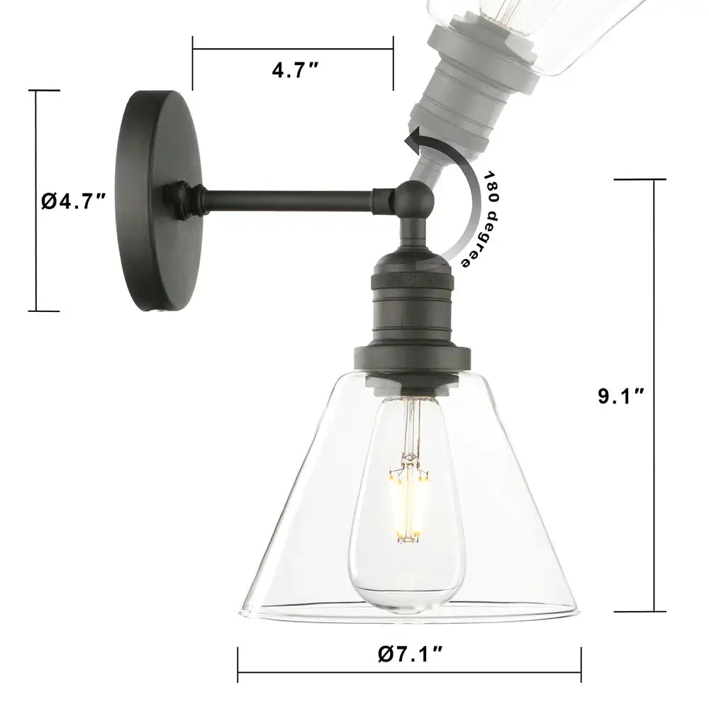 Industrial black wrought iron wall lamp with clear glass shade bedroom