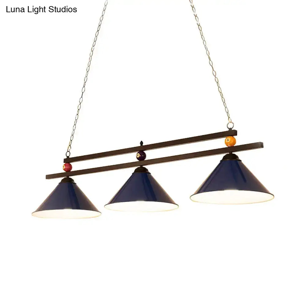 Industrial blue & black billiard ball cone shade ceiling pendant game room