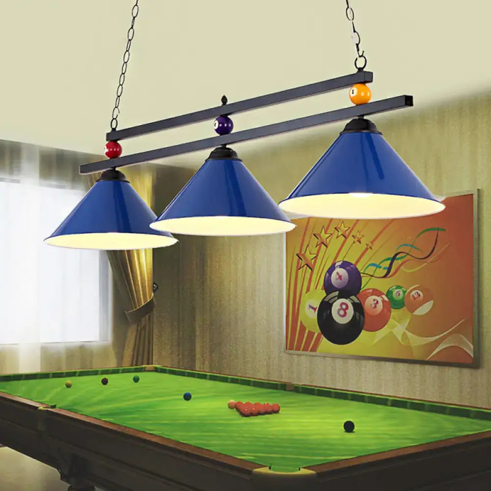 Industrial blue & black billiard ball cone shade ceiling pendant game room