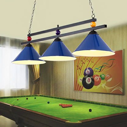Industrial blue & black billiard ball cone shade ceiling pendant game room
