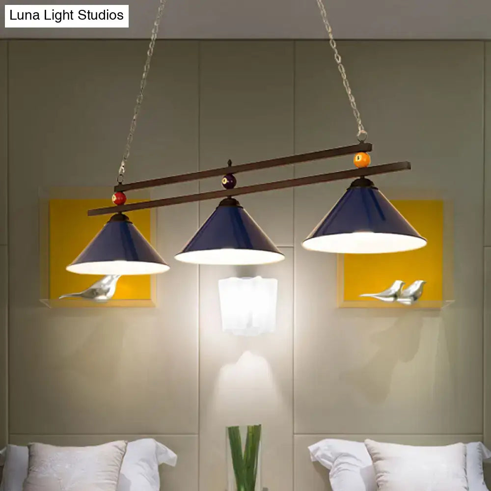 Industrial blue & black billiard ball cone shade ceiling pendant game room