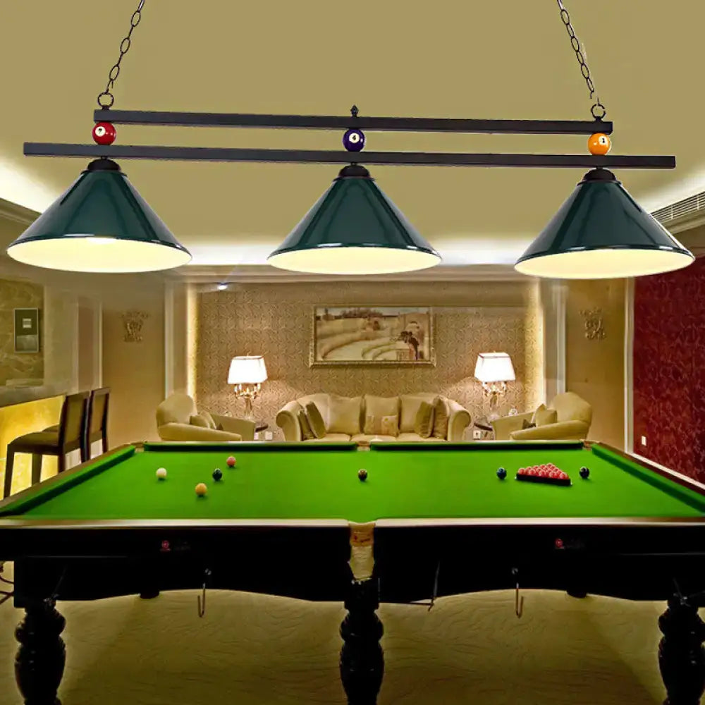 Industrial blue & black billiard ball cone shade ceiling pendant game room