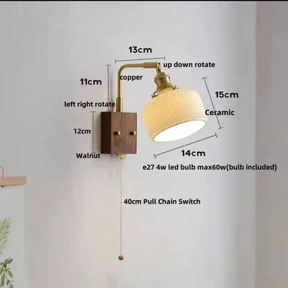 Industrial brass and walnut led wall light bedroom sconce