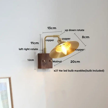 Industrial brass and walnut led wall light bedroom sconce