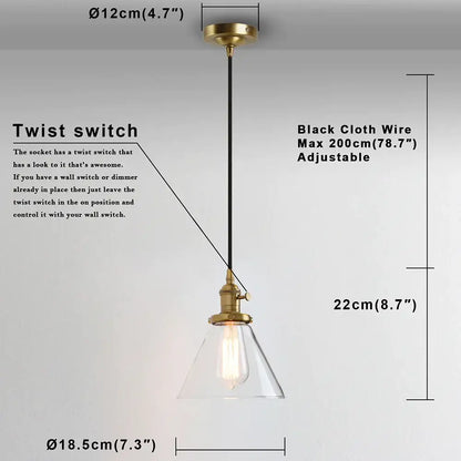 Industrial brass funnel flared glass pendant light kitchen fixture