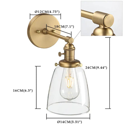 Industrial brass glass wall sconce light bedroom fixture