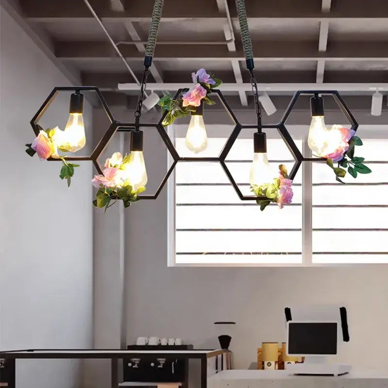 Industrial brass hexagonal pendant light – bar and restaurant dining