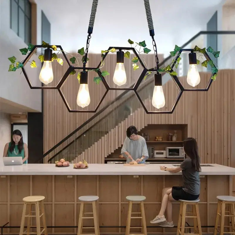 Industrial brass hexagonal pendant light – bar and restaurant dining