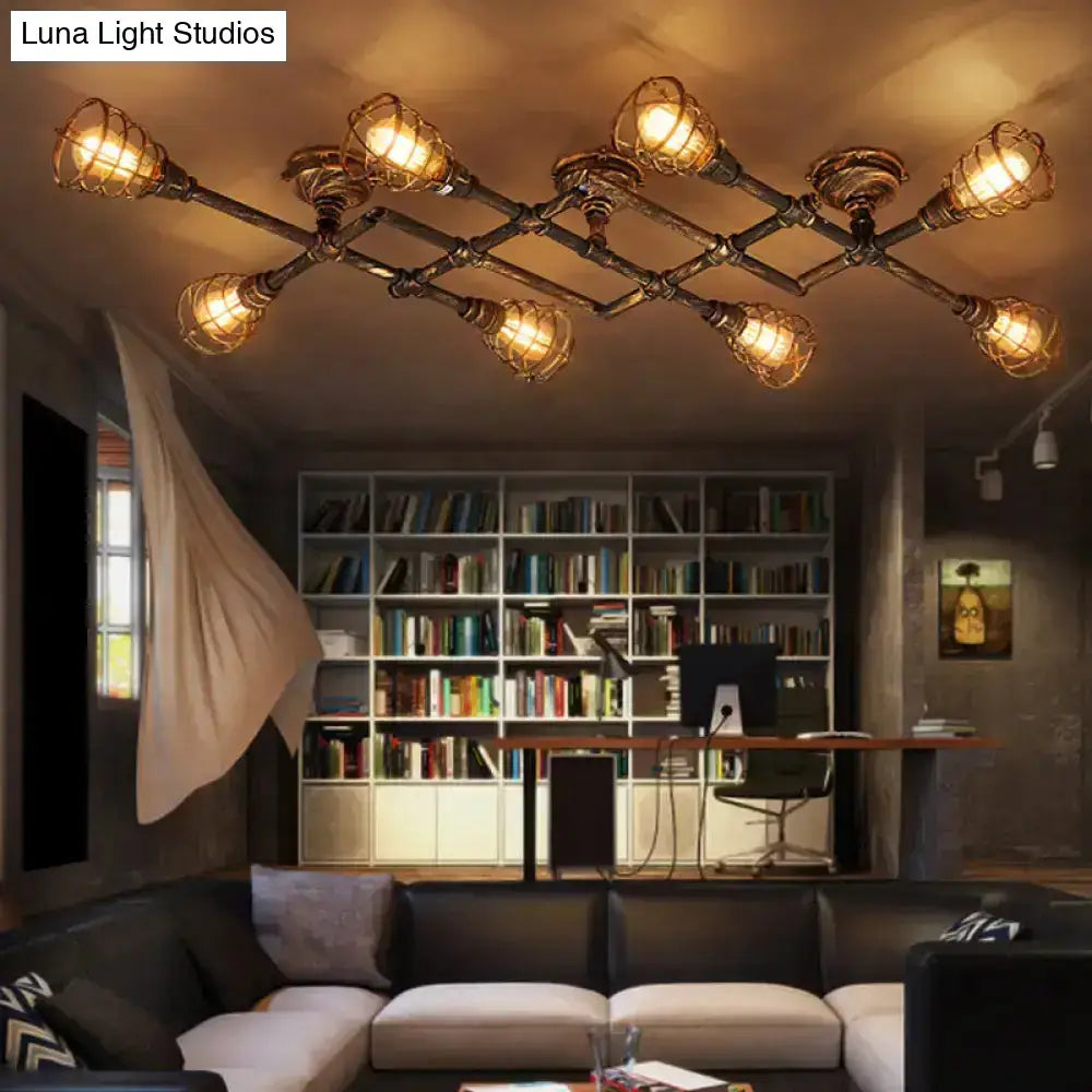 Industrial brass intersecting piping ceiling light dining room cage