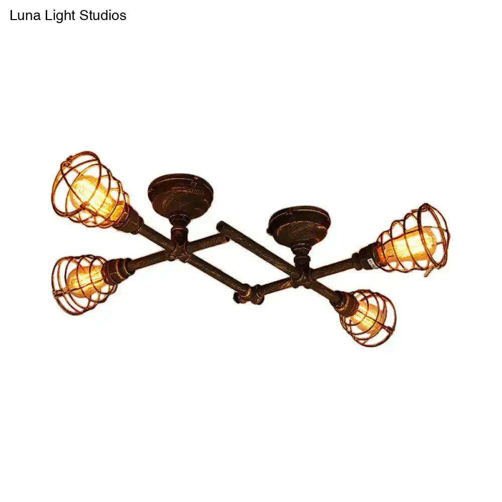 Industrial brass intersecting piping ceiling light dining room cage