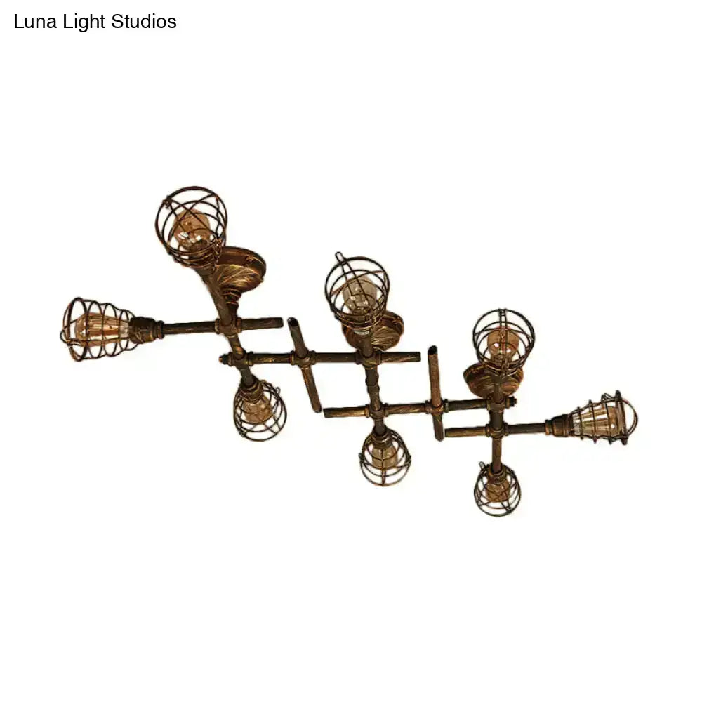 Industrial brass intersecting piping ceiling light dining room cage