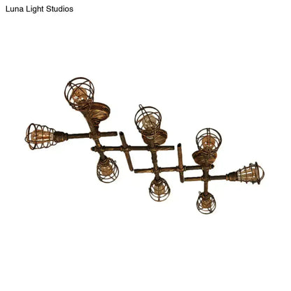Industrial brass intersecting piping ceiling light dining room cage