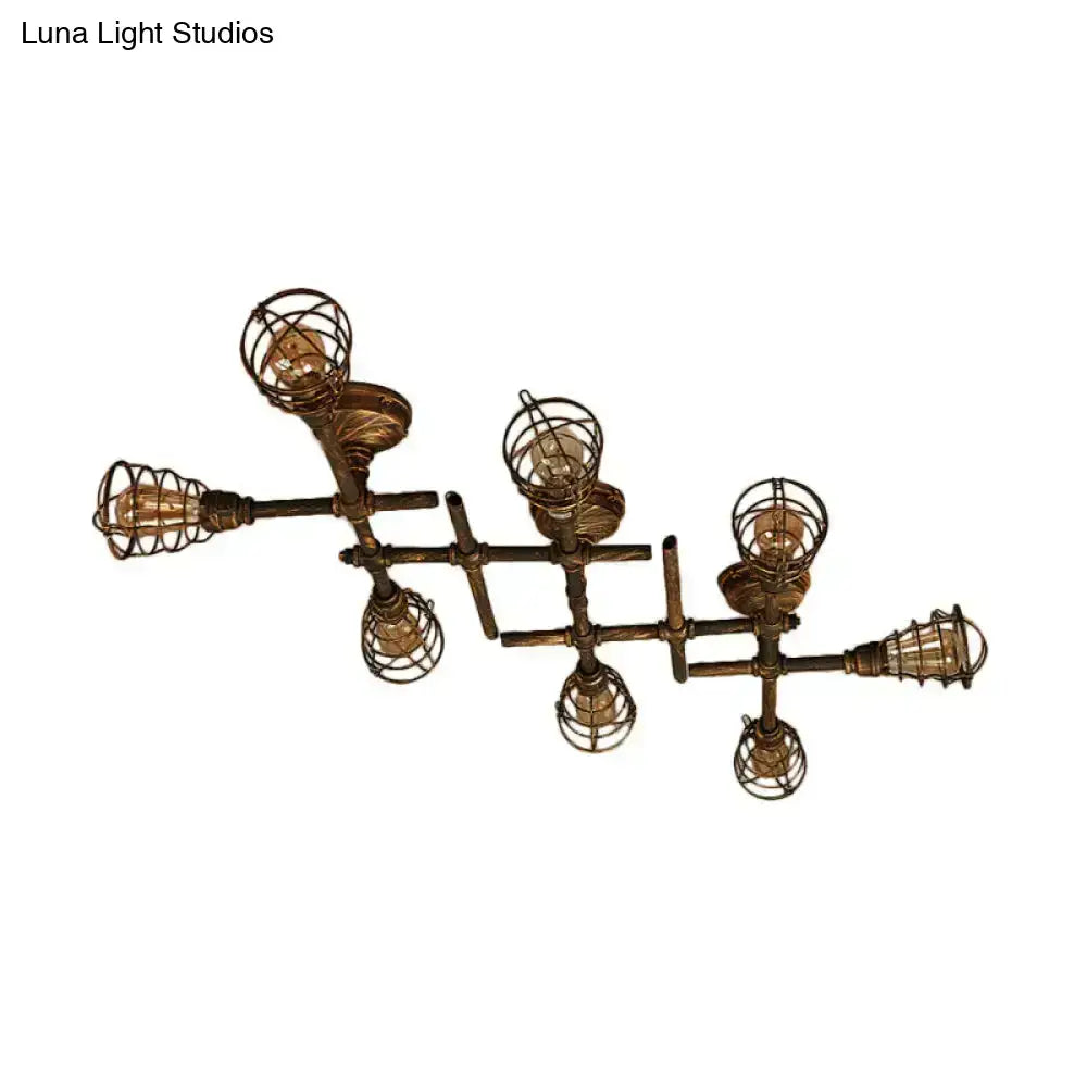 Industrial brass intersecting piping ceiling light dining room cage