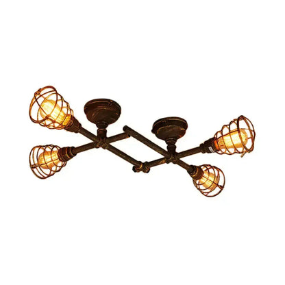 Industrial brass intersecting piping ceiling light dining room cage