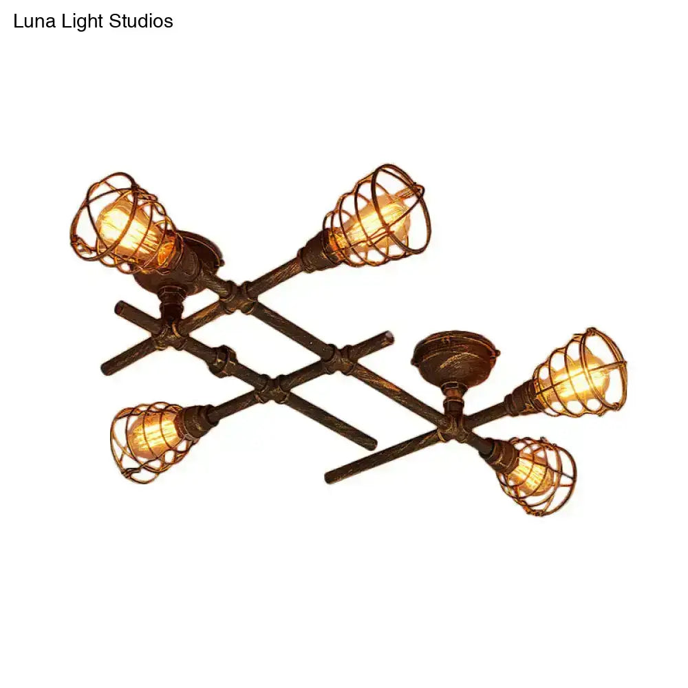 Industrial brass intersecting piping ceiling light dining room cage