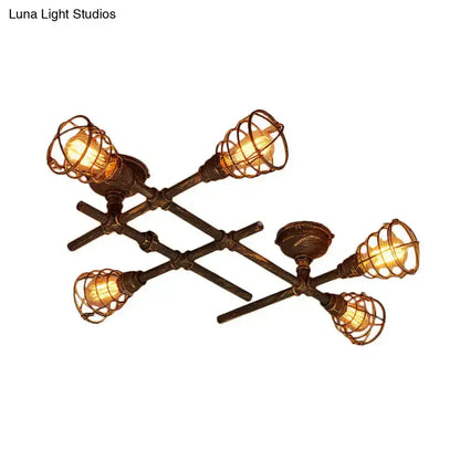 Industrial brass intersecting piping ceiling light dining room cage