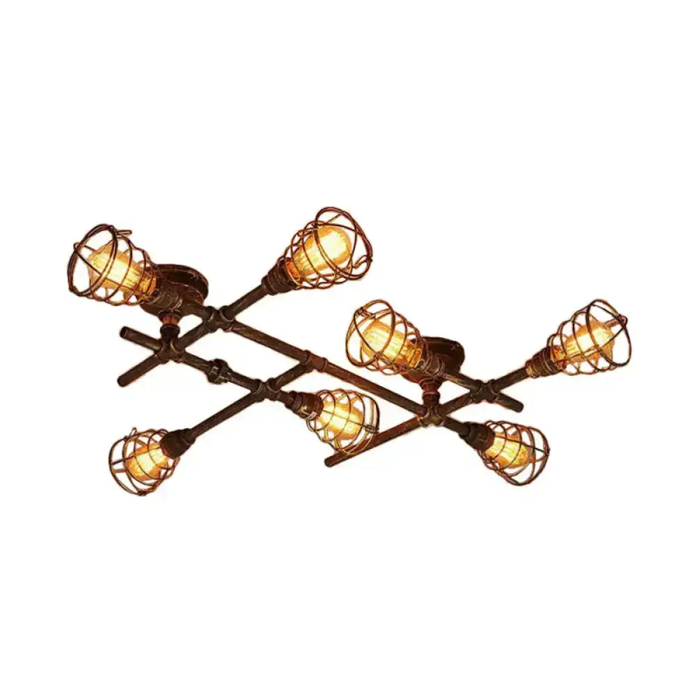 Industrial brass intersecting piping ceiling light dining room cage