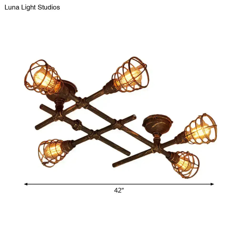 Industrial brass intersecting piping ceiling light dining room cage